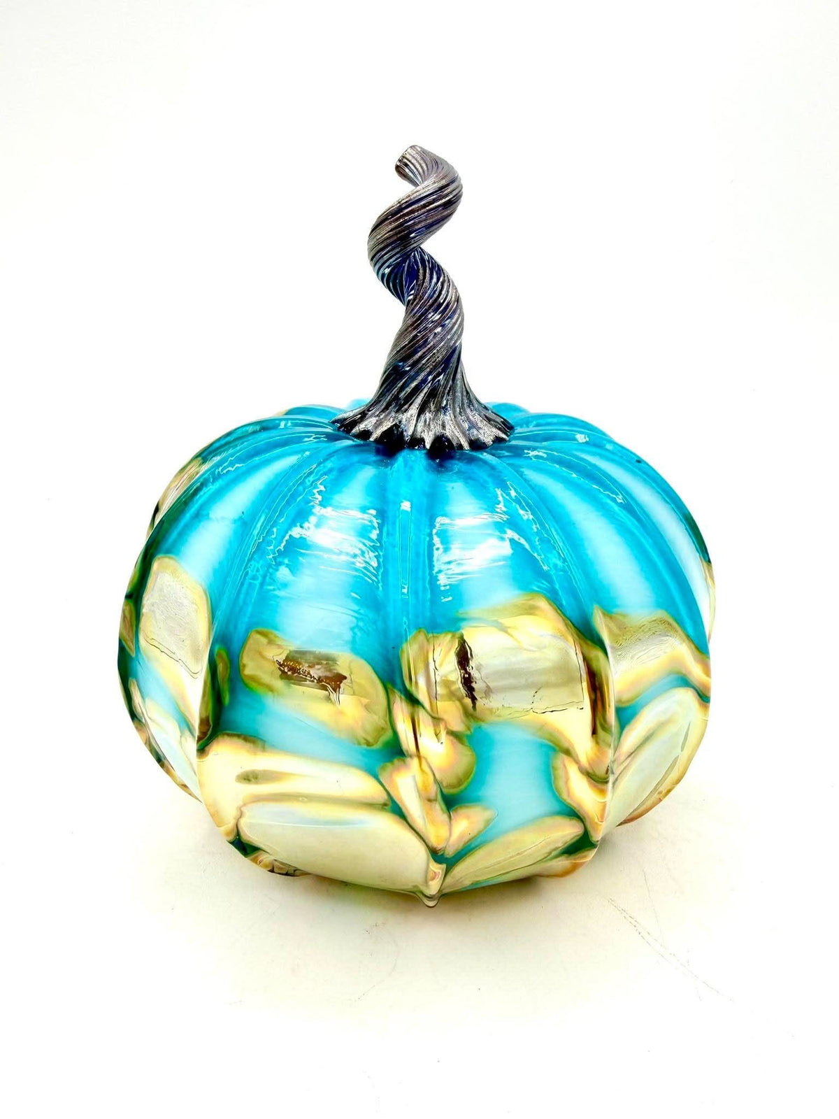Keith Cerone Glass Aqua Gold Glass Pumpkin – Hand Blown Teal Blue & Metallic Gold Pumpkin, Artisan Fall Decor, Halloween Decor, Unique Autumn Centerpiece