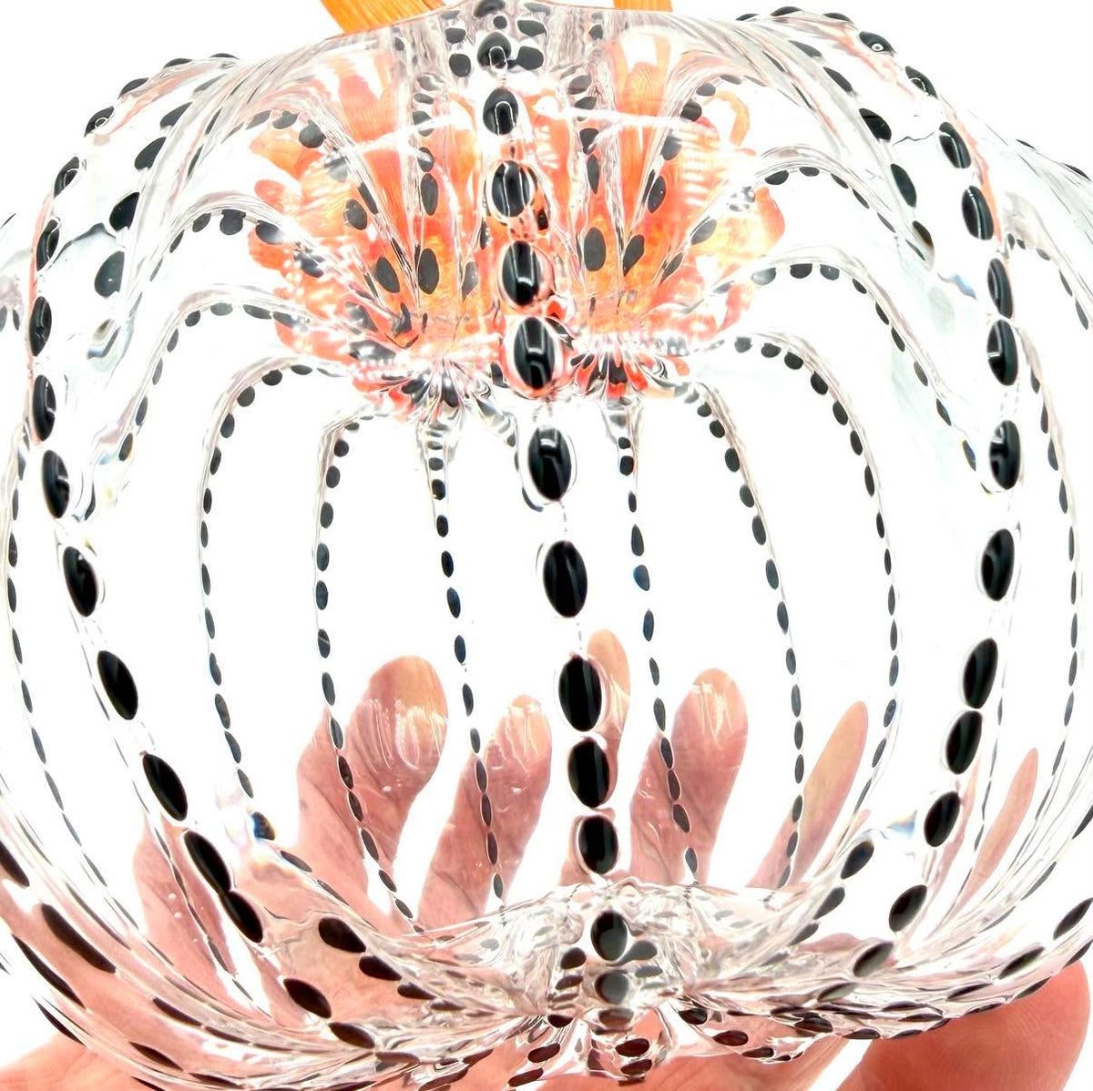 Hand Blown Glass Halloween Pumpkin – Black Polka Dot Pumpkin with Orange Stem, Spooky Halloween Decor, Artisan Glass Pumpkin, Fall Decoration