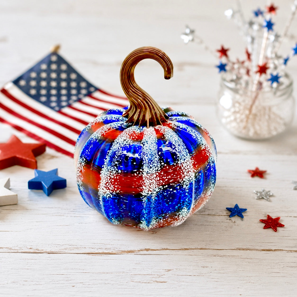 Small Hand Blown Patriotic Glass Pumpkin – USA 250th Anniversary
