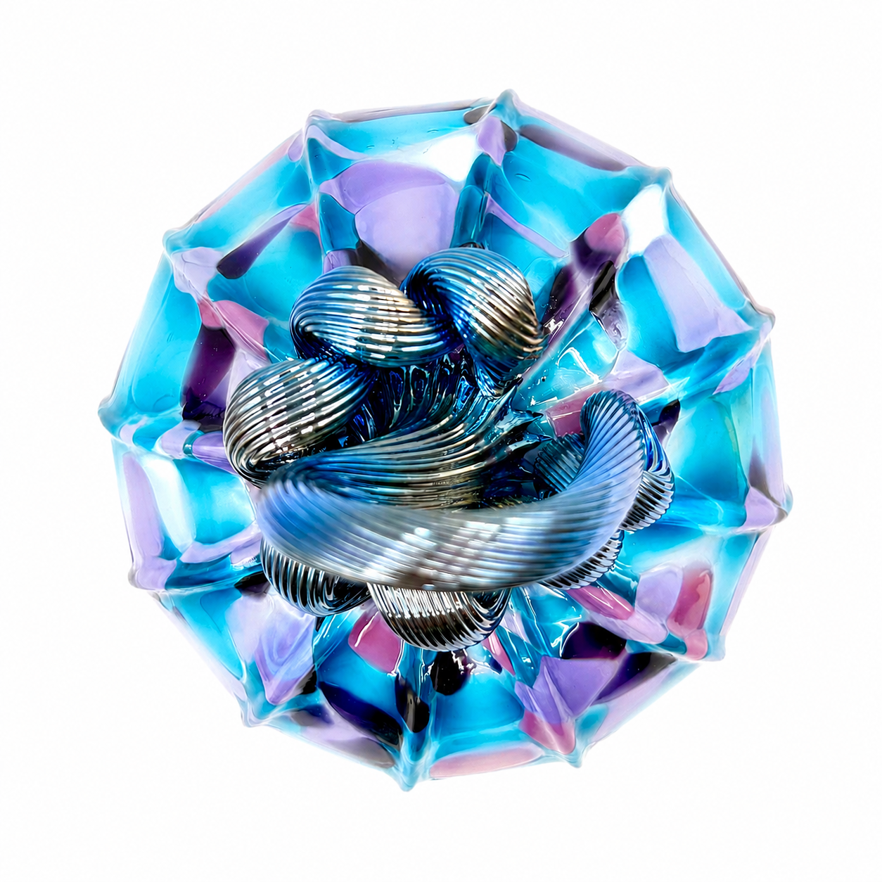 Aqua Lilac Glass Pumpkin – Hand Blown Art Glass Pumpkin Sculpture in Teal, Purple & Metallic Black, Fall Decor, Coastal Home Accent, Artisan Glass Gift
