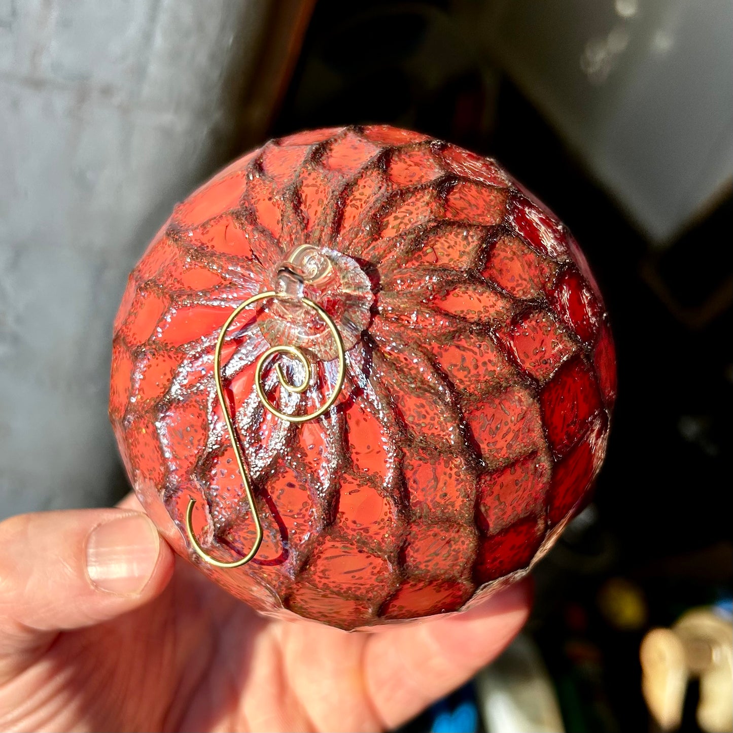 Metallic Coral Red Angel Lace Glass Ornament