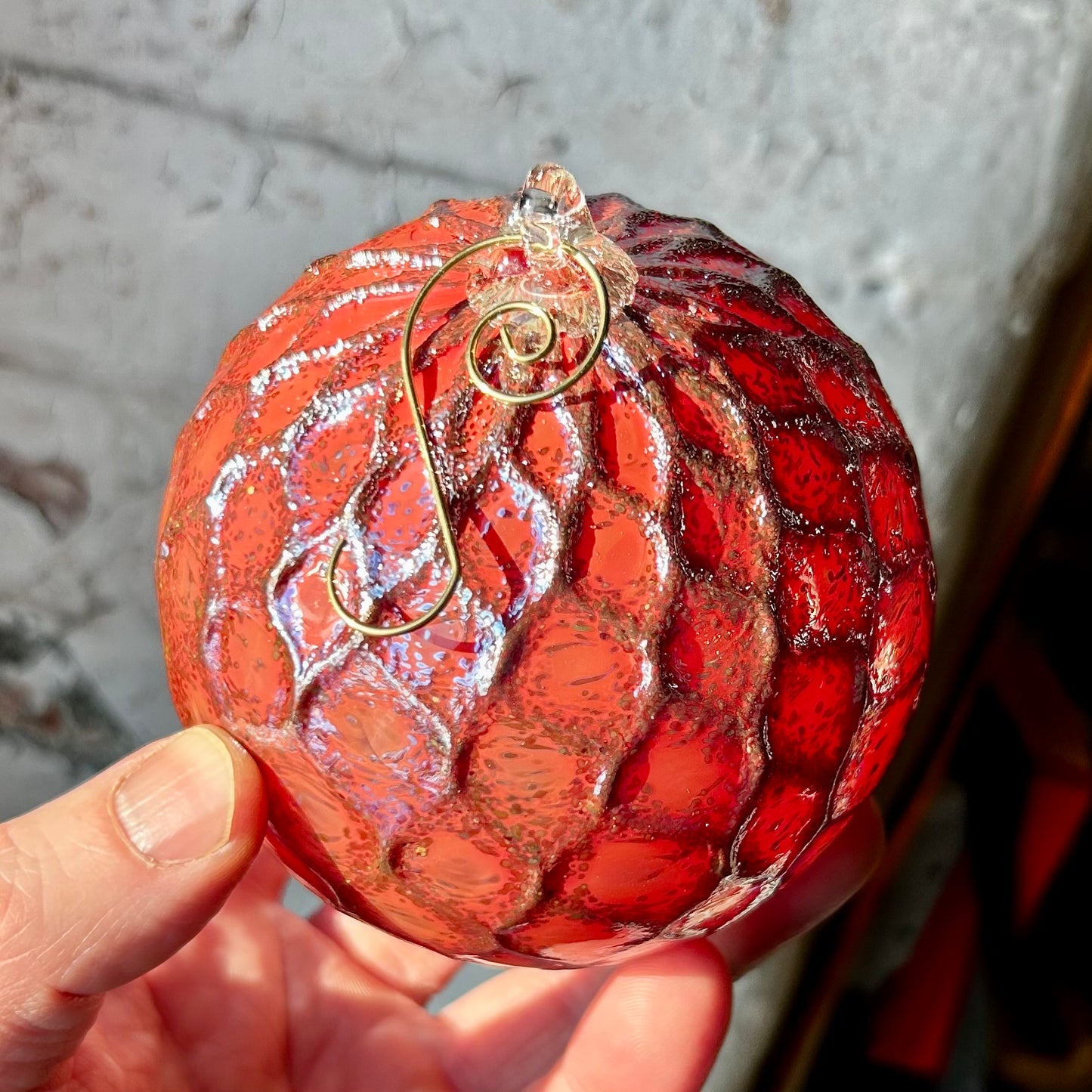 Metallic Coral Red Angel Lace Glass Ornament