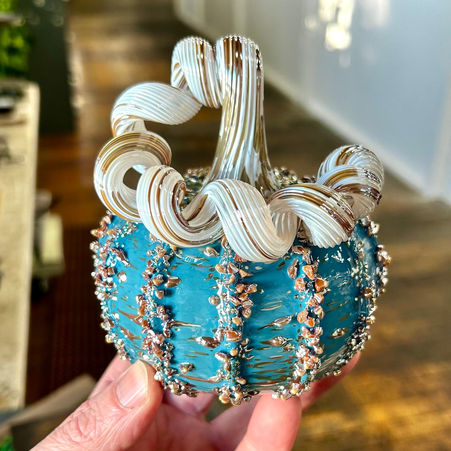 Tiffany Blue Gold Rush Glass Pumpkin Gift or Centerpiece