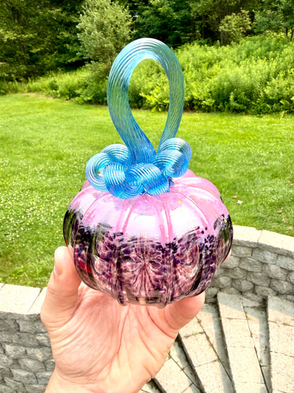 Purple Hibiscus Glass Pumpkin – Hand Blown Art Glass Pumpkin, Purple Pink & Aqua Blue, Floral Fall Decor, Unique Halloween & Thanksgiving Gift