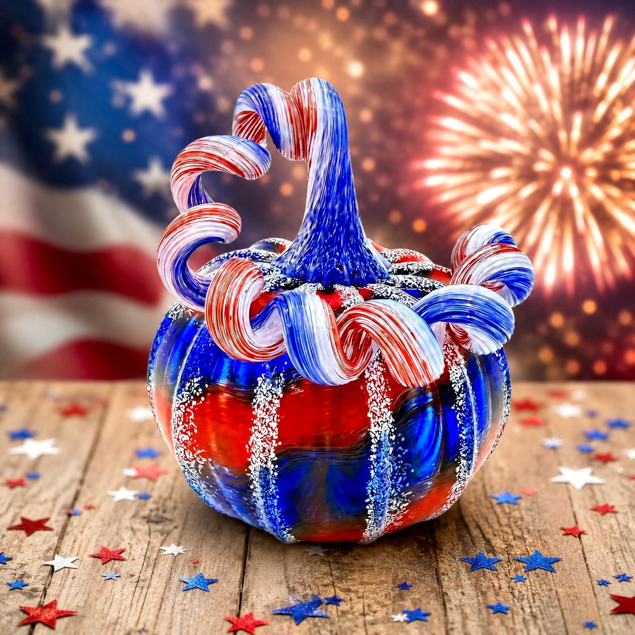 Hand Blown Patriotic Glass Pumpkin Sculpture – USA 250th Anniversary Art Glass Pumpkin – Red White Blue Fourth of July Decor –