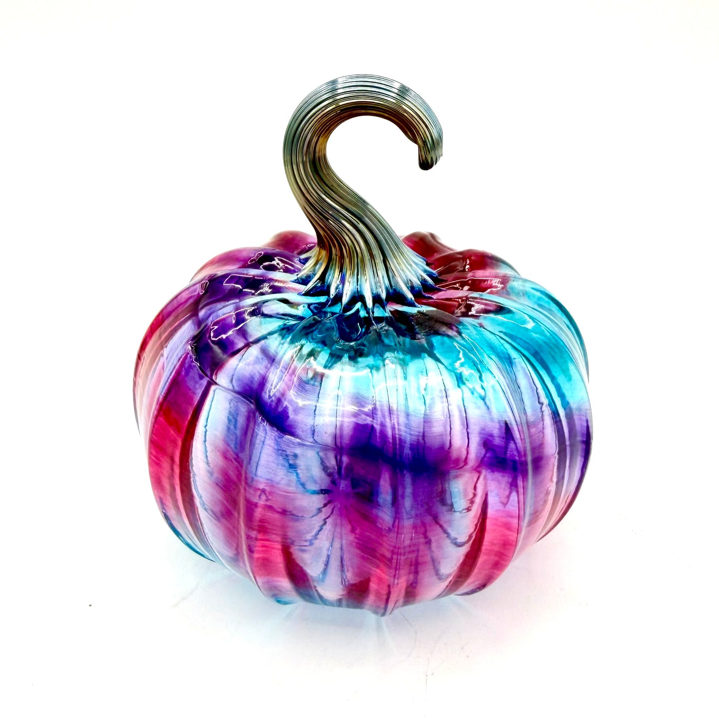 Retro Sunset Hand Blown Glass Pumpkin – Violet – Ruby, Teal & Purple Art Glass Decor – Fall Harvest Decoration – Handmade Glass