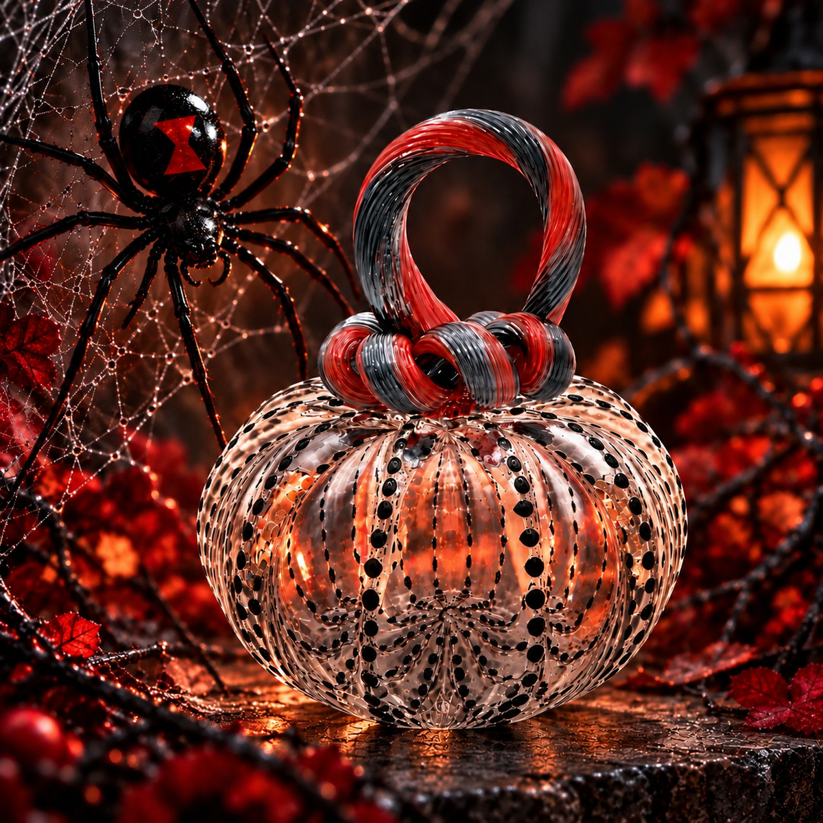 Black Widow Glass Pumpkin – Hand Blown Halloween Pumpkin, Spider Inspired Art Glass, Black Red Clear Pumpkin, Spooky Gothic Fall Decor