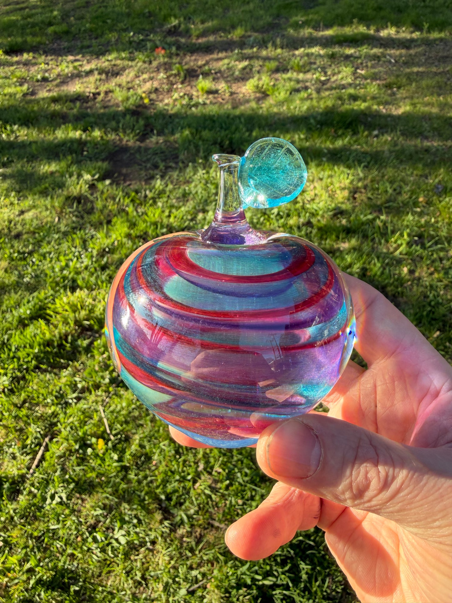 Hand Blown Glass Apple Sculpture – Sunset Ruby Purple Teal Art Glass Apple – Iridescent Decorative Glass Fruit – Handmade Home Decor Gift