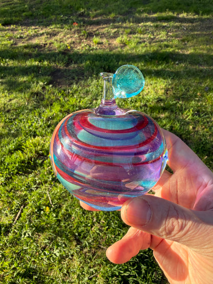 Hand Blown Glass Apple Sculpture – Sunset Ruby Purple Teal Art Glass Apple – Iridescent Decorative Glass Fruit – Handmade Home Decor Gift