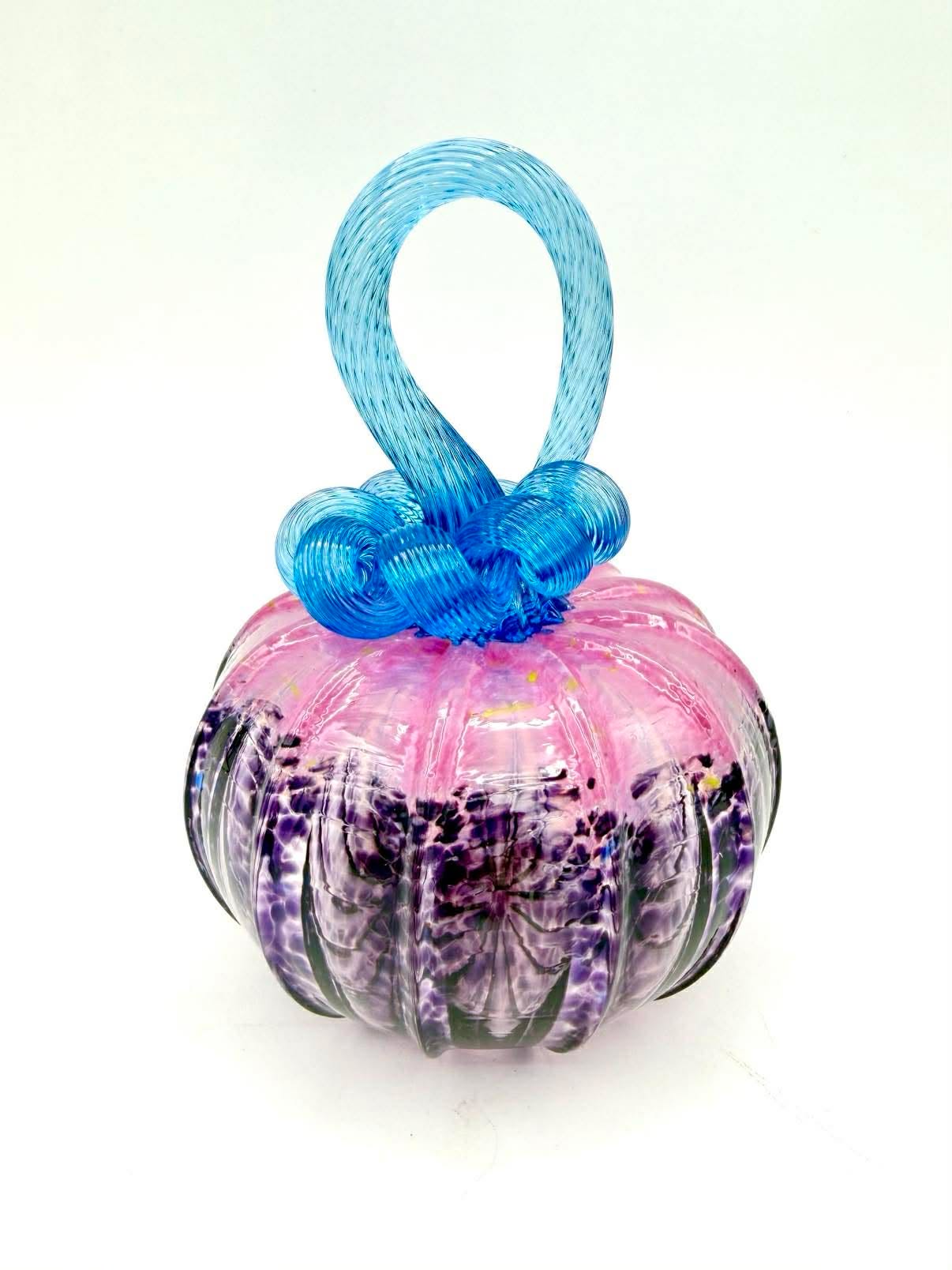 Purple Hibiscus Glass Pumpkin – Hand Blown Art Glass Pumpkin, Purple Pink & Aqua Blue, Floral Fall Decor, Unique Halloween & Thanksgiving Gift