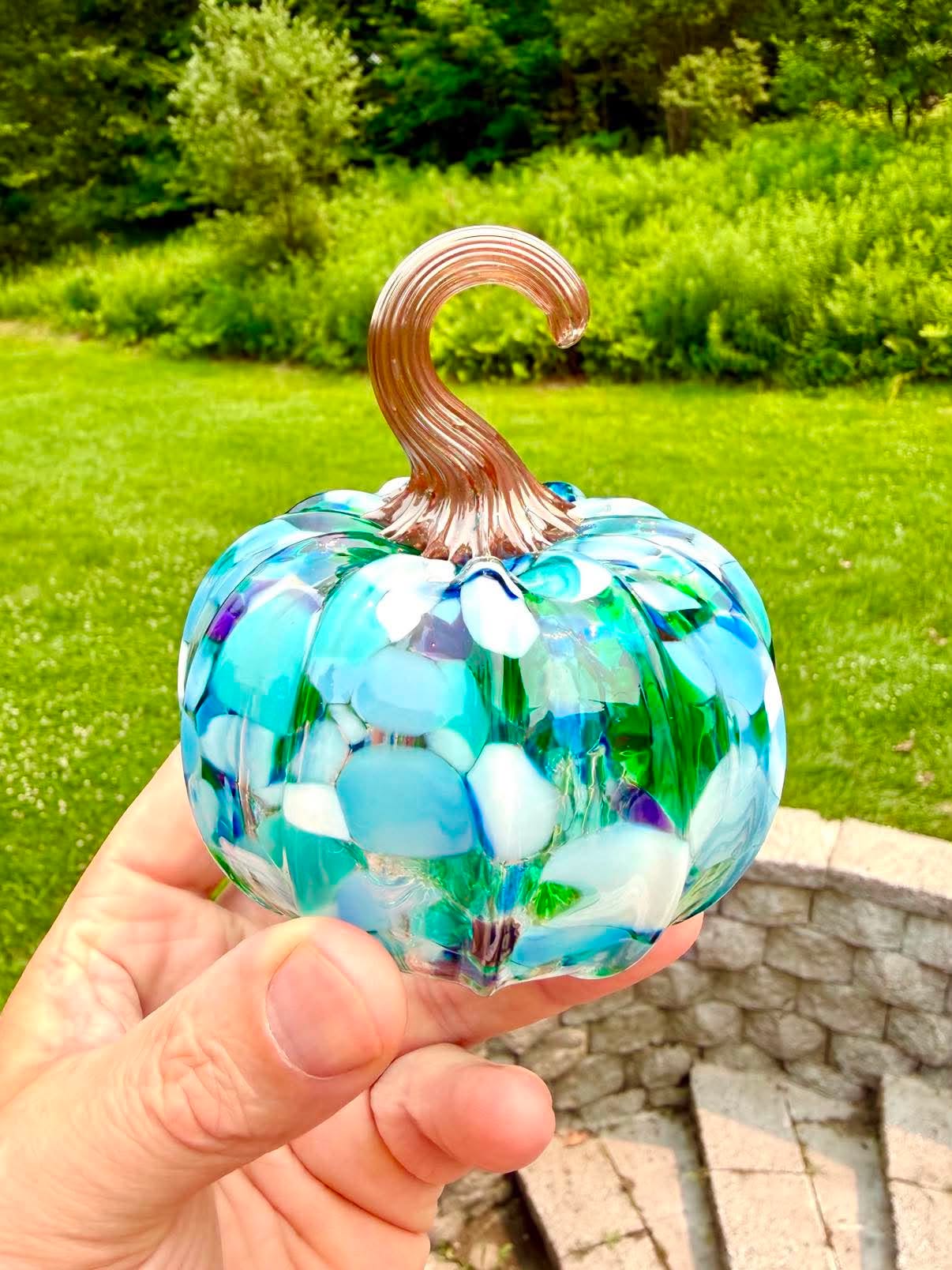 Emerald Peacock Glass Pumpkin – Hand Blown Art Glass Pumpkin, Blue Green White Pumpkin, Colorful Fall Decor, Unique Handmade Glass Gift