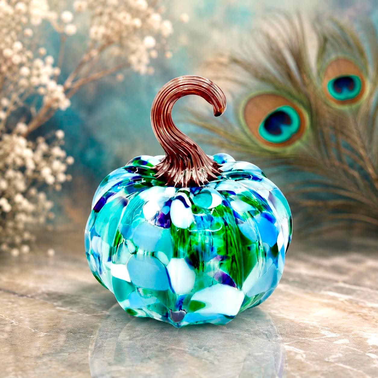 Emerald Peacock Glass Pumpkin – Hand Blown Art Glass Pumpkin, Blue Green White Pumpkin, Colorful Fall Decor, Unique Handmade Glass Gift