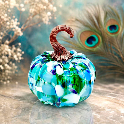 Emerald Peacock Glass Pumpkin – Hand Blown Art Glass Pumpkin, Blue Green White Pumpkin, Colorful Fall Decor, Unique Handmade Glass Gift