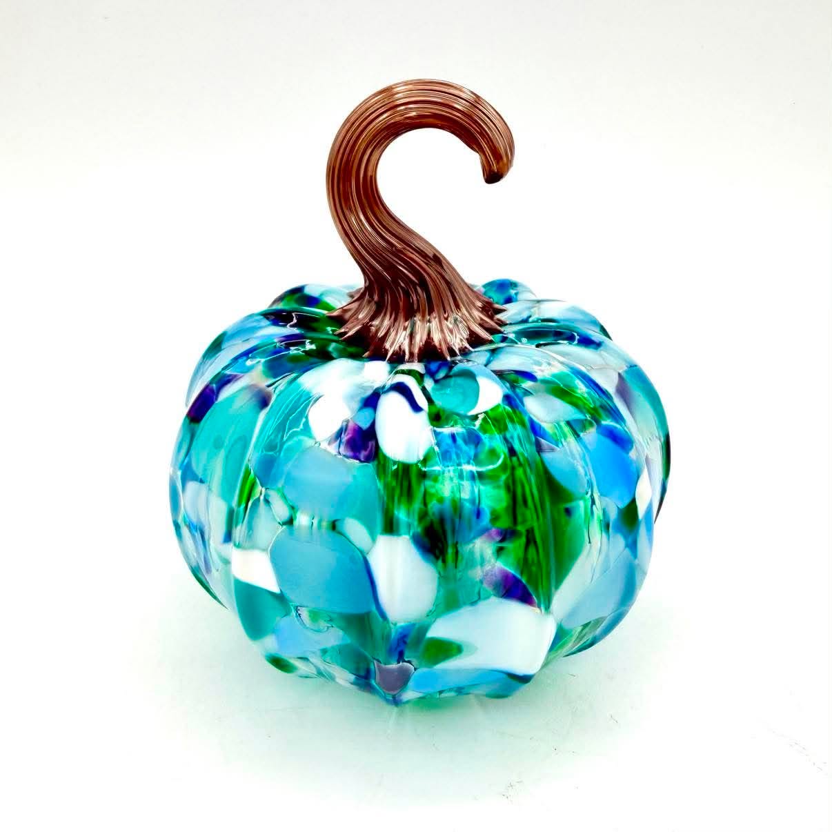 Emerald Peacock Glass Pumpkin – Hand Blown Art Glass Pumpkin, Blue Green White Pumpkin, Colorful Fall Decor, Unique Handmade Glass Gift