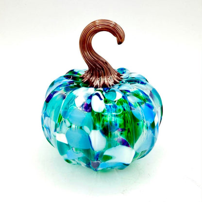 Emerald Peacock Glass Pumpkin – Hand Blown Art Glass Pumpkin, Blue Green White Pumpkin, Colorful Fall Decor, Unique Handmade Glass Gift