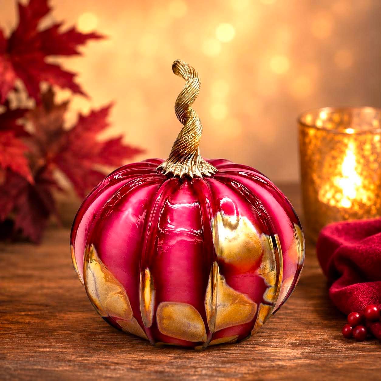 Gold Ruby Glass Pumpkin, Hand Blown Art Glass Pumpkin, Metallic Gold Cranberry Fall Decor, Luxury Thanksgiving Centerpiece, Autumn Gift