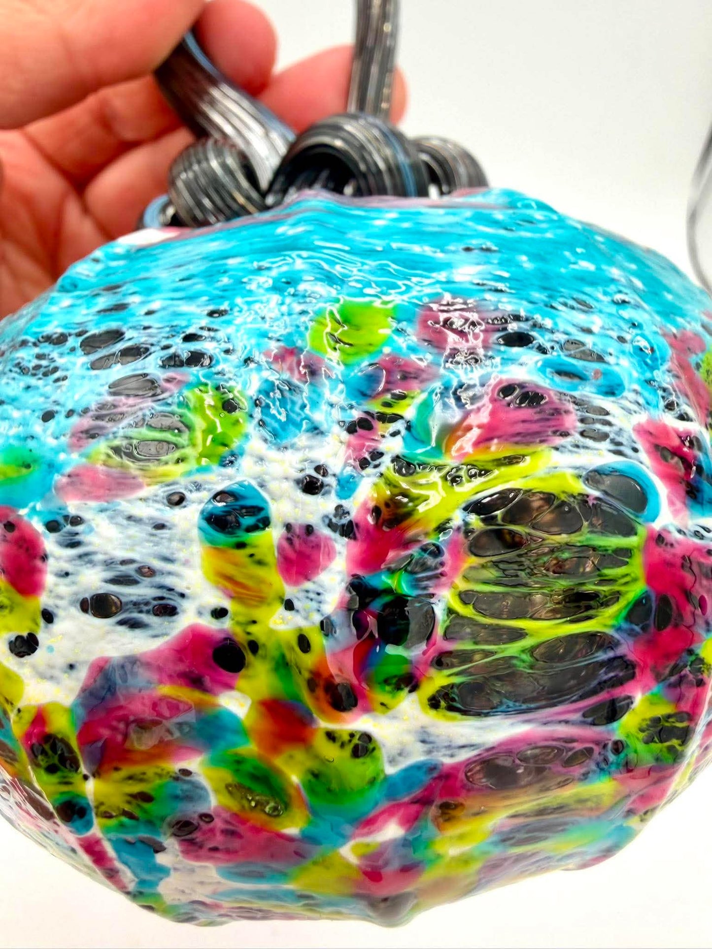 Aqua Magenta Hummingbird Glass Pumpkin, Hand Blown Art Glass, Iridescent Blue Pink Fall Decor, Colorful Autumn Pumpkin, Unique Gift