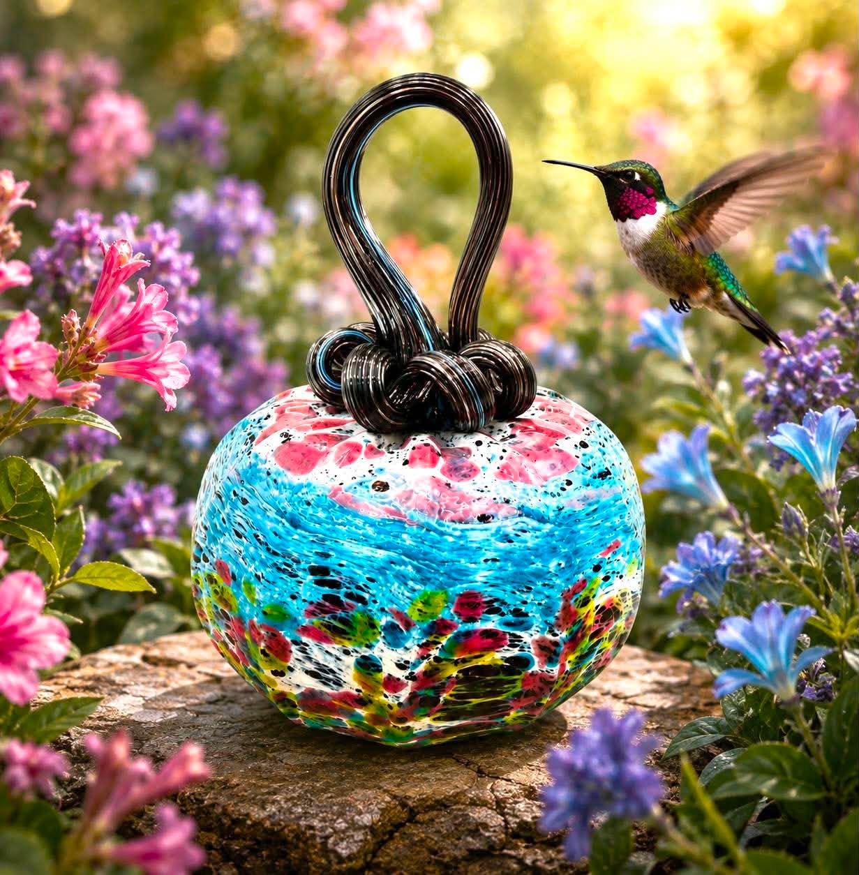 Aqua Magenta Hummingbird Glass Pumpkin, Hand Blown Art Glass, Iridescent Blue Pink Fall Decor, Colorful Autumn Pumpkin, Unique Gift