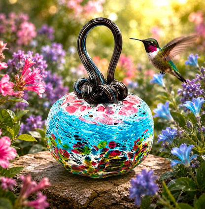 Aqua Magenta Hummingbird Glass Pumpkin, Hand Blown Art Glass, Iridescent Blue Pink Fall Decor, Colorful Autumn Pumpkin, Unique Gift
