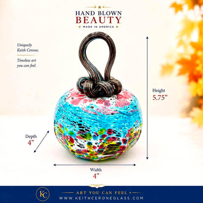 Aqua Magenta Hummingbird Glass Pumpkin, Hand Blown Art Glass, Iridescent Blue Pink Fall Decor, Colorful Autumn Pumpkin, Unique Gift