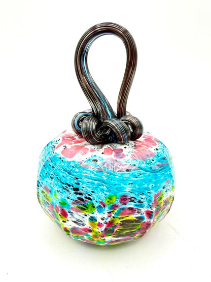 Aqua Magenta Hummingbird Glass Pumpkin, Hand Blown Art Glass, Iridescent Blue Pink Fall Decor, Colorful Autumn Pumpkin, Unique Gift