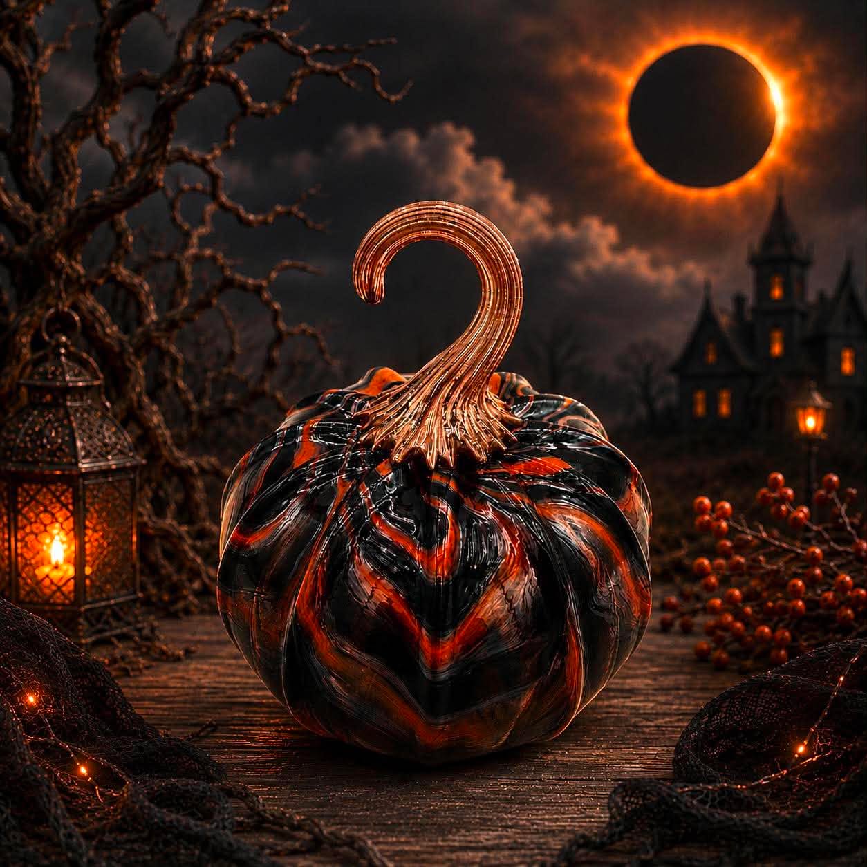 Orange Eclipse Glass Pumpkin, Hand Blown Halloween Pumpkin, Black Orange Art Glass, Spooky Fall Decor, Gothic Halloween Decoration