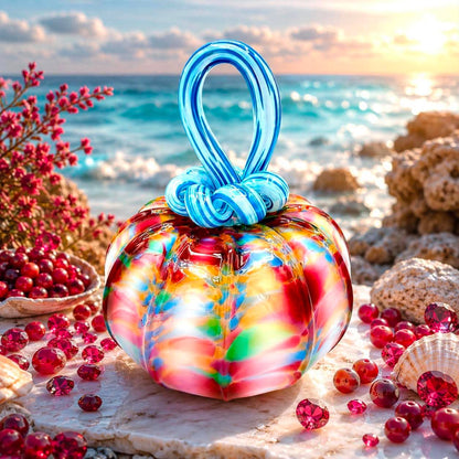 Cranberry Sea Breeze Glass Pumpkin, Hand Blown Art Glass Pumpkin, Ocean Coastal Decor, Cranberry Blue Fall Decor, Unique Autumn Gift