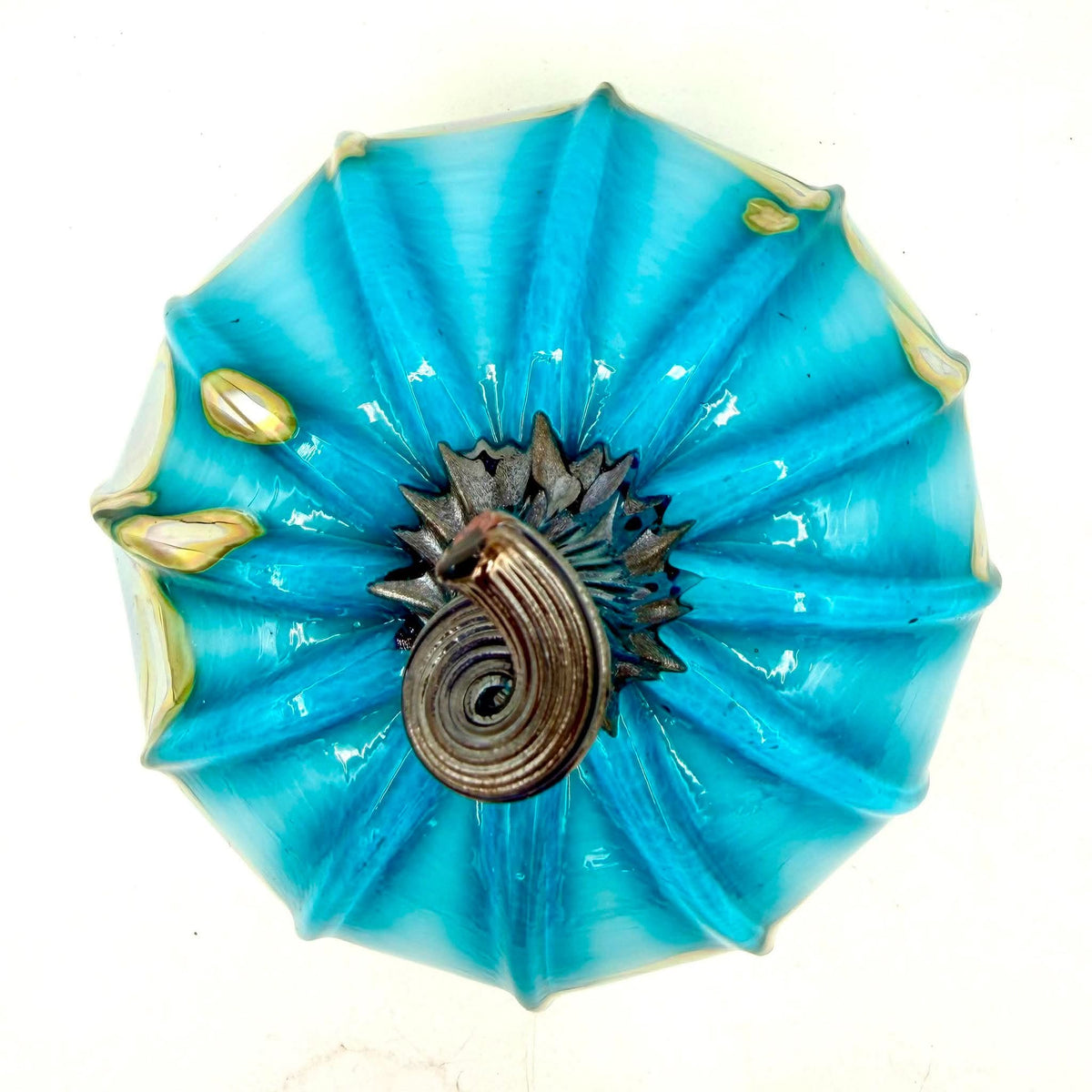 Keith Cerone Glass Aqua Gold Glass Pumpkin – Hand Blown Teal Blue & Metallic Gold Pumpkin, Artisan Fall Decor, Halloween Decor, Unique Autumn Centerpiece