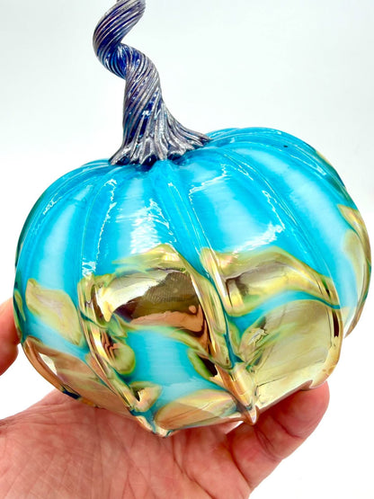 Keith Cerone Glass Aqua Gold Glass Pumpkin – Hand Blown Teal Blue & Metallic Gold Pumpkin, Artisan Fall Decor, Halloween Decor, Unique Autumn Centerpiece