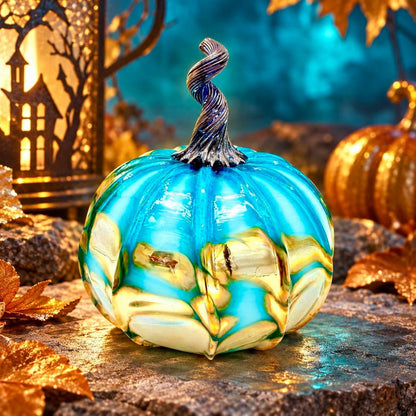 Keith Cerone Glass Aqua Gold Glass Pumpkin – Hand Blown Teal Blue & Metallic Gold Pumpkin, Artisan Fall Decor, Halloween Decor, Unique Autumn Centerpiece