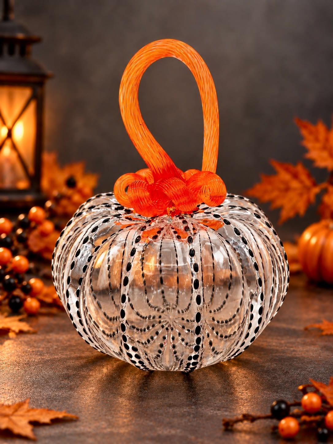 Hand Blown Glass Halloween Pumpkin – Black Polka Dot Pumpkin with Orange Stem, Spooky Halloween Decor, Artisan Glass Pumpkin, Fall Decoration