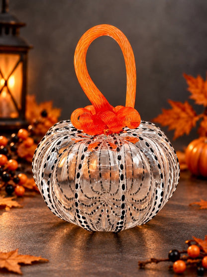 Hand Blown Glass Halloween Pumpkin – Black Polka Dot Pumpkin with Orange Stem, Spooky Halloween Decor, Artisan Glass Pumpkin, Fall Decoration