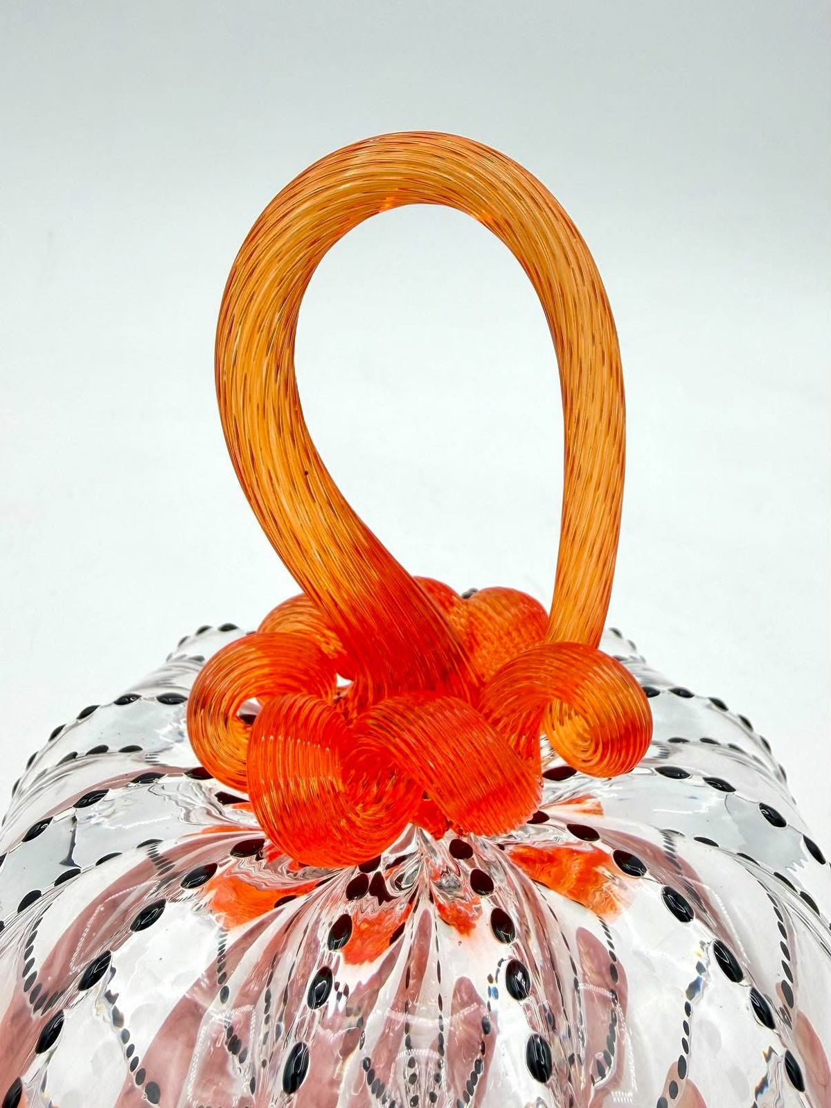 Hand Blown Glass Halloween Pumpkin – Black Polka Dot Pumpkin with Orange Stem, Spooky Halloween Decor, Artisan Glass Pumpkin, Fall Decoration