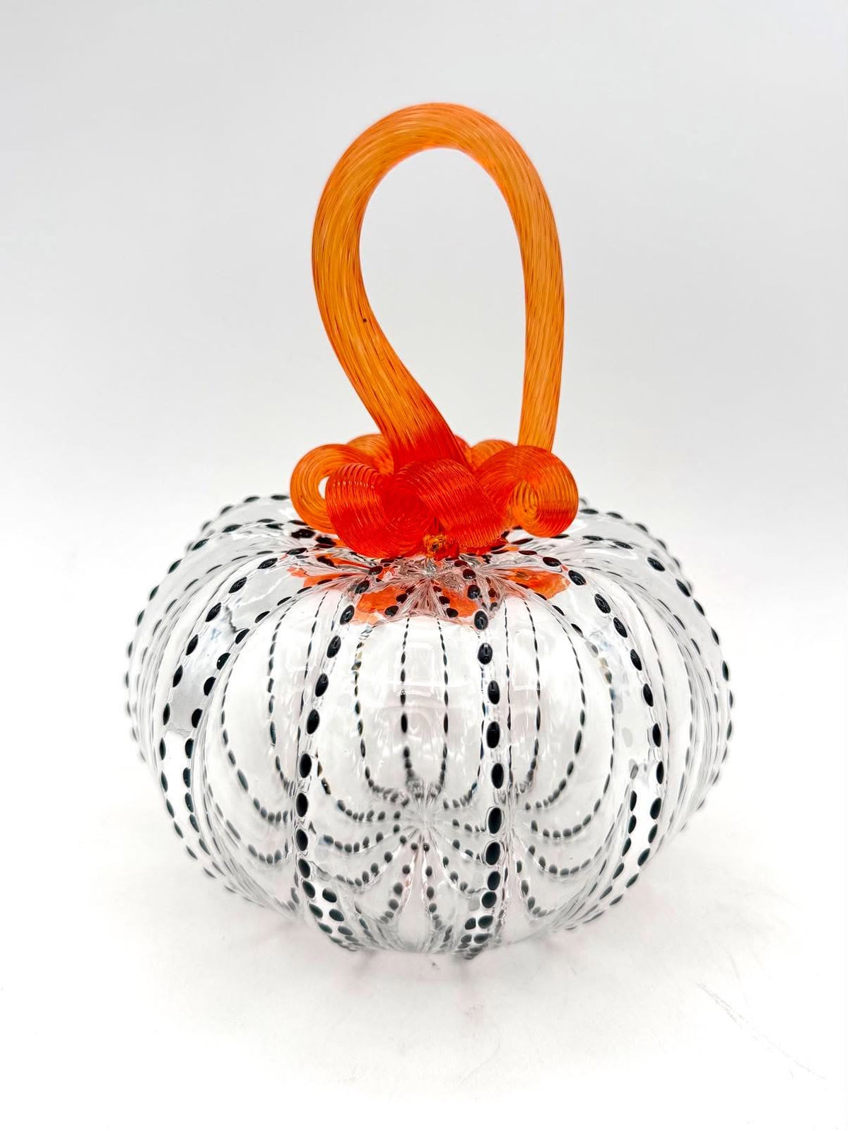 Hand Blown Glass Halloween Pumpkin – Black Polka Dot Pumpkin with Orange Stem, Spooky Halloween Decor, Artisan Glass Pumpkin, Fall Decoration