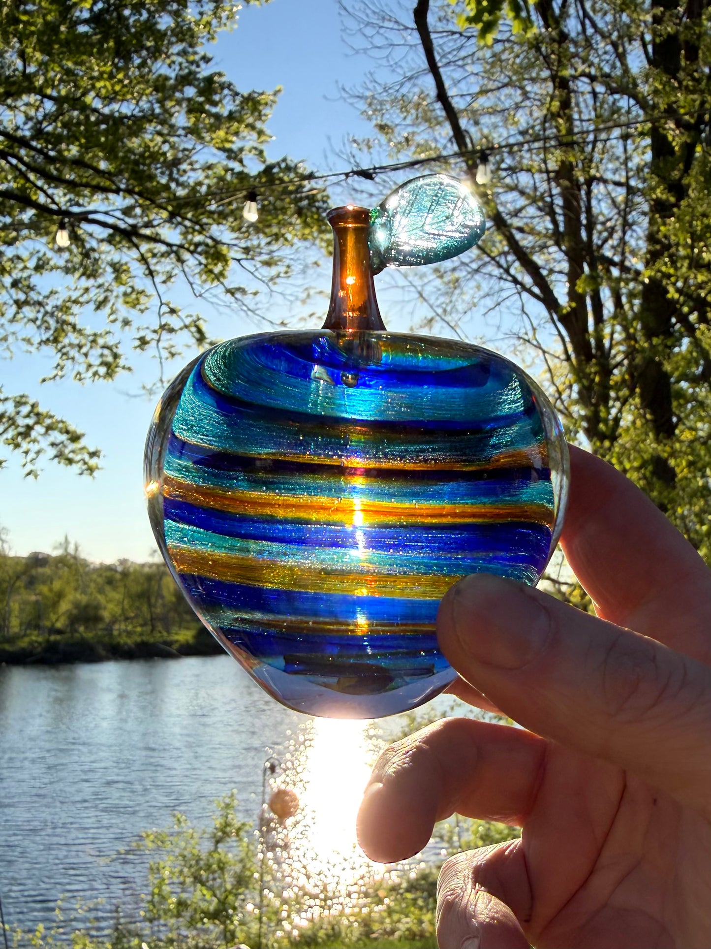 Caribbean Shores Hand Blown Glass Apple – Blue Aqua Amber Art Glass Sculpture – Coastal Beach Inspired Solid Glass Decor – Ocean Wave Paperweight