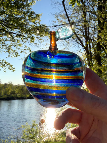 Caribbean Shores Hand Blown Glass Apple – Blue Aqua Amber Art Glass Sculpture – Coastal Beach Inspired Solid Glass Decor – Ocean Wave Paperweight