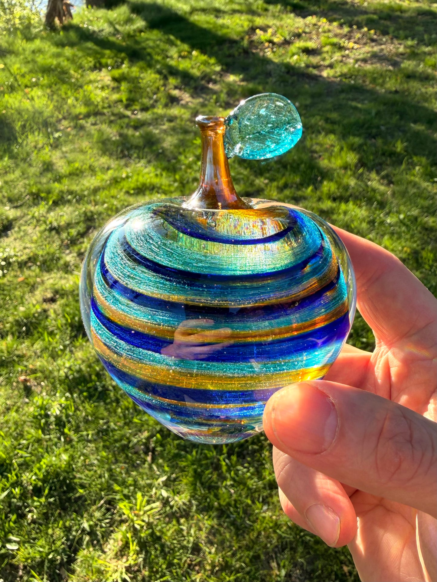 Caribbean Shores Hand Blown Glass Apple – Blue Aqua Amber Art Glass Sculpture – Coastal Beach Inspired Solid Glass Decor – Ocean Wave Paperweight