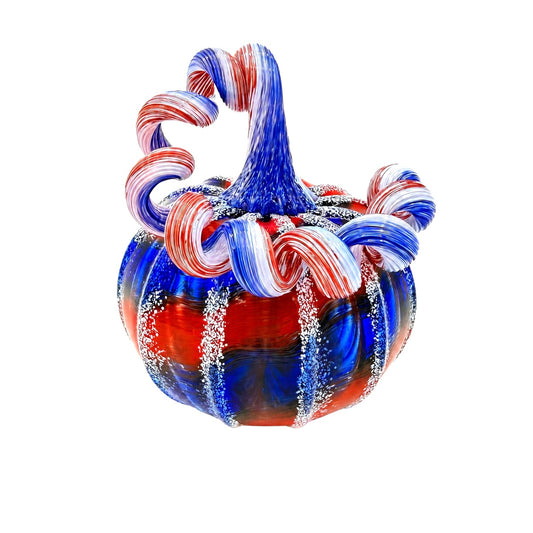 Hand Blown Patriotic Glass Pumpkin Sculpture – USA 250th Anniversary Art Glass Pumpkin – Red White Blue Fourth of July Decor – American Bicentennial Keepsake – Handmade Holiday Centerpiece