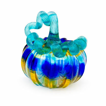 Caribbean Shores Glass Pumpkin – Hand Blown Coastal Decor, Teal Blue Ocean Art, Beach House Centerpiece, Handmade Glass Sculpture