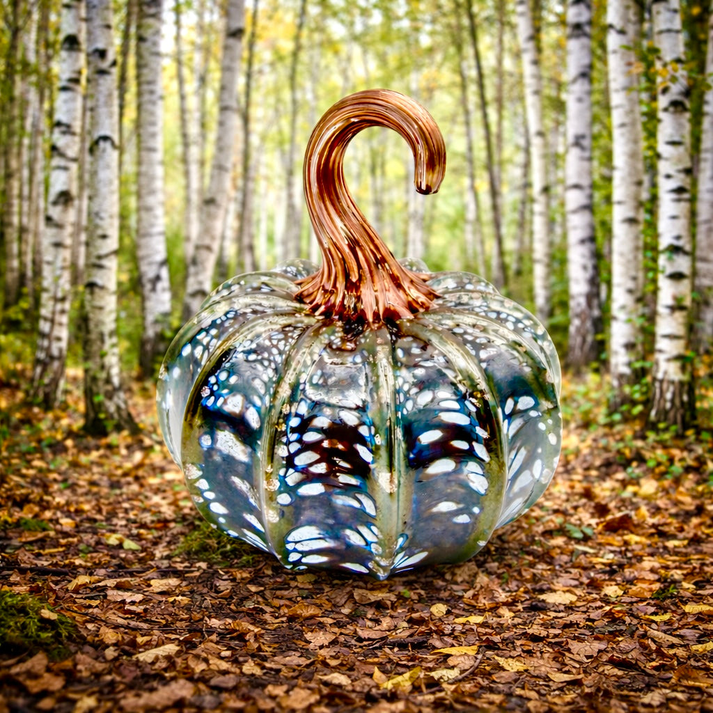 Dark Birch Glass Pumpkin – Hand Blown Rustic Decor, Woodland Inspired Art, Birch Tree Bark Design, Handmade Glass Sculpture