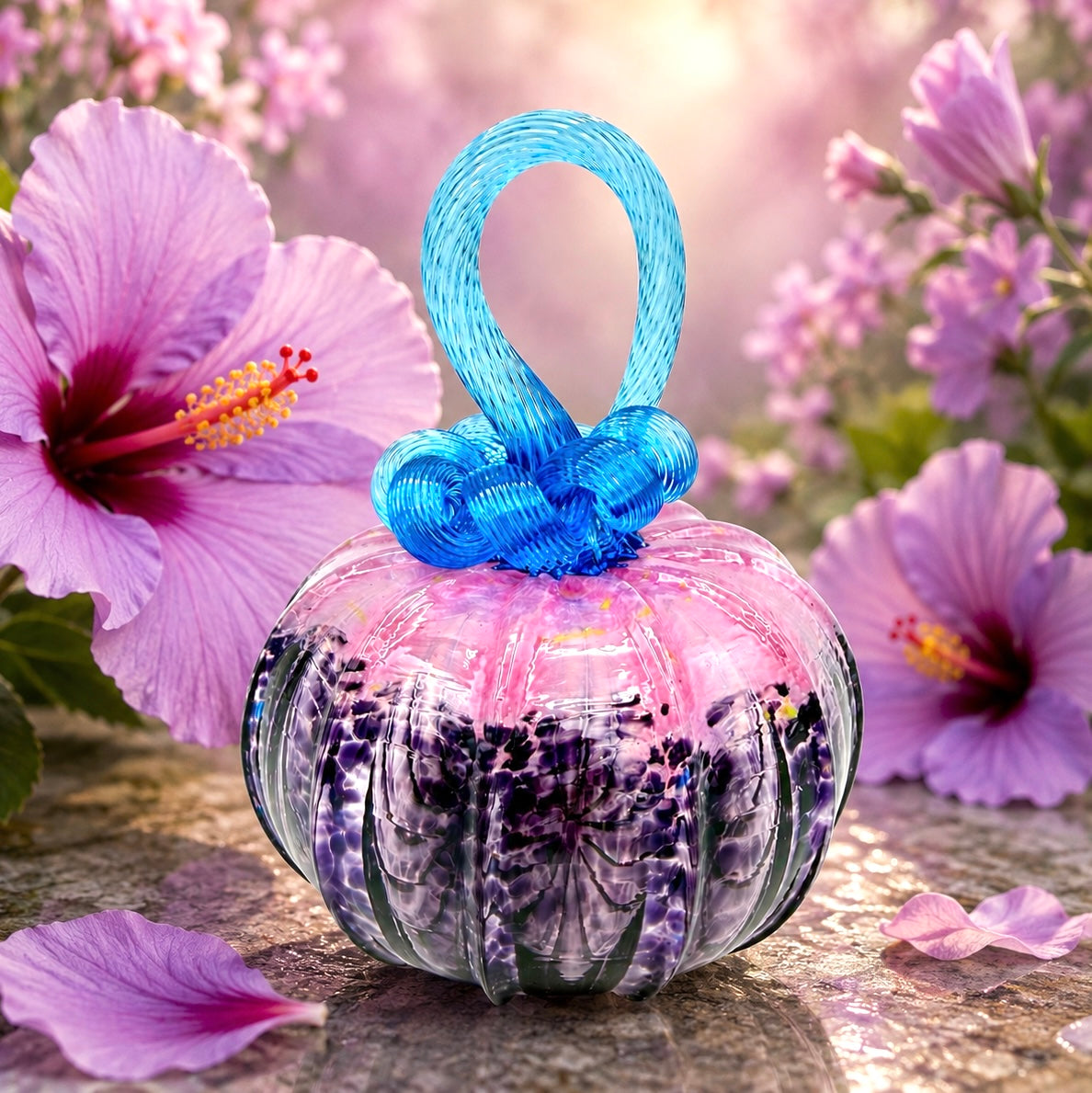 Purple Hibiscus Glass Pumpkin – Hand Blown Art Glass Pumpkin, Purple Pink & Aqua Blue, Floral Fall Decor, Unique Halloween & Thanksgiving Gift