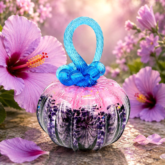 Purple Hibiscus Glass Pumpkin – Hand Blown Art Glass Pumpkin, Purple Pink & Aqua Blue, Floral Fall Decor, Unique Halloween & Thanksgiving Gift