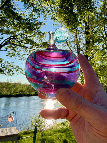 Hand Blown Glass Apple Sculpture – Sunset Ruby Purple Teal Art Glass Apple – Iridescent Decorative Glass Fruit – Handmade Home Decor Gift