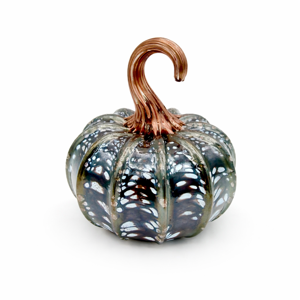 Dark Birch Glass Pumpkin – Hand Blown Rustic Decor, Woodland Inspired Art, Birch Tree Bark Design, Handmade Glass Sculpture