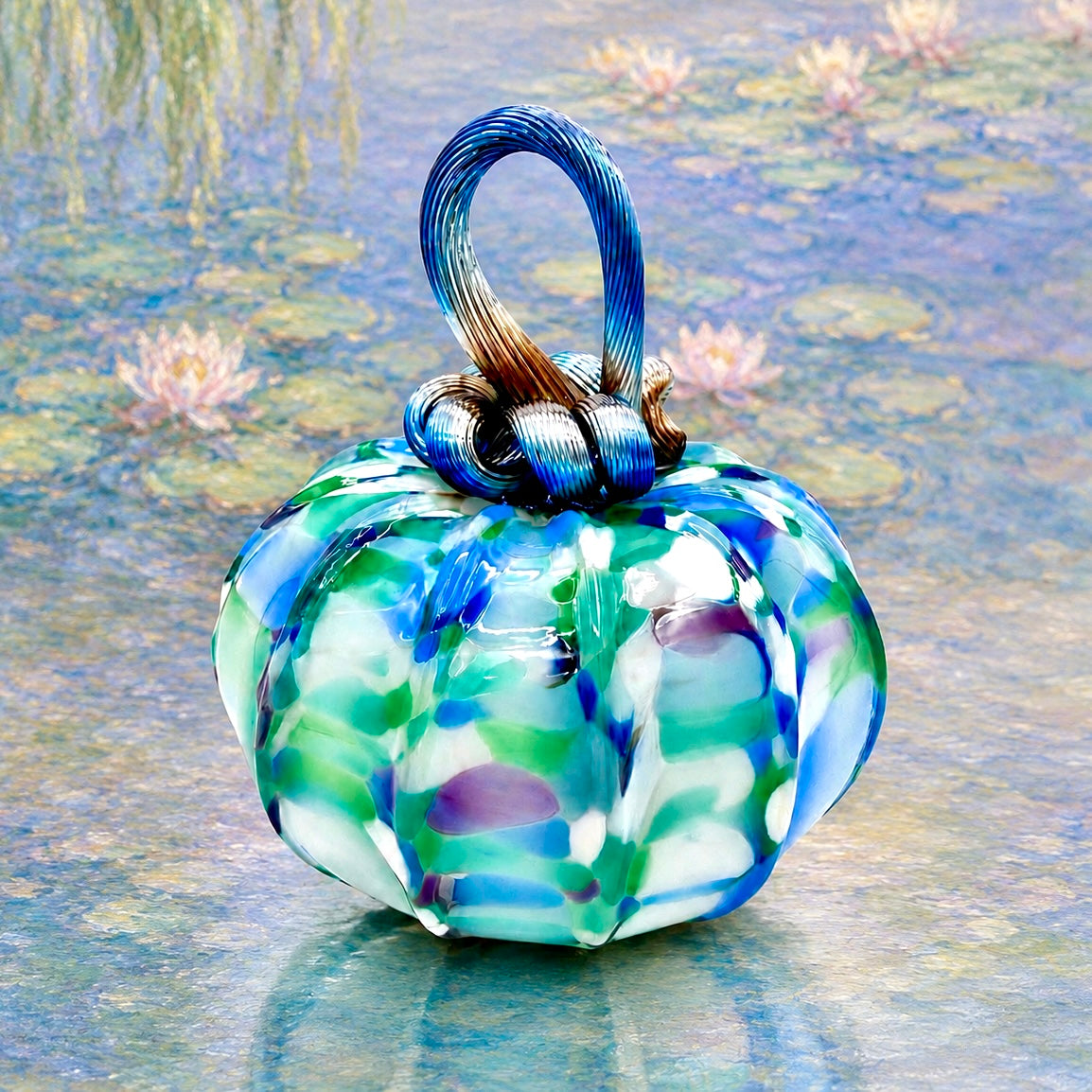 Monet Water Lilies Glass Pumpkin | Hand Blown Art Glass Pumpkin | Blue Green Lavender Fall Decor | Impressionist Inspired Autumn Decoration
