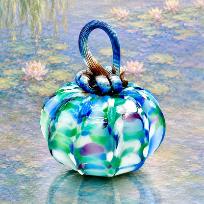 Monet Water Lilies Glass Pumpkin | Hand Blown Art Glass Pumpkin | Blue Green Lavender Fall Decor | Impressionist Inspired Autumn Decoration