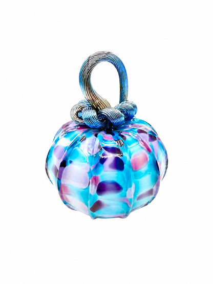 Aqua Lilac Glass Pumpkin – Hand Blown Art Glass Pumpkin Sculpture in Teal, Purple & Metallic Black, Fall Decor, Coastal Home Accent, Artisan Glass Gift