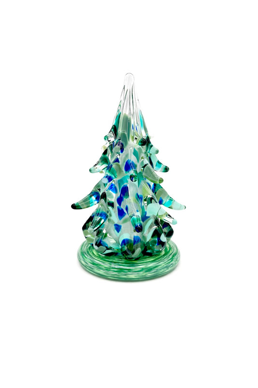 Hand Blown Glass Evergreen Tree Sculpture, Emerald Green Blue Art Glass Christmas Tree, Enchanted Forest Decor, Coastal Holiday Decor Gift