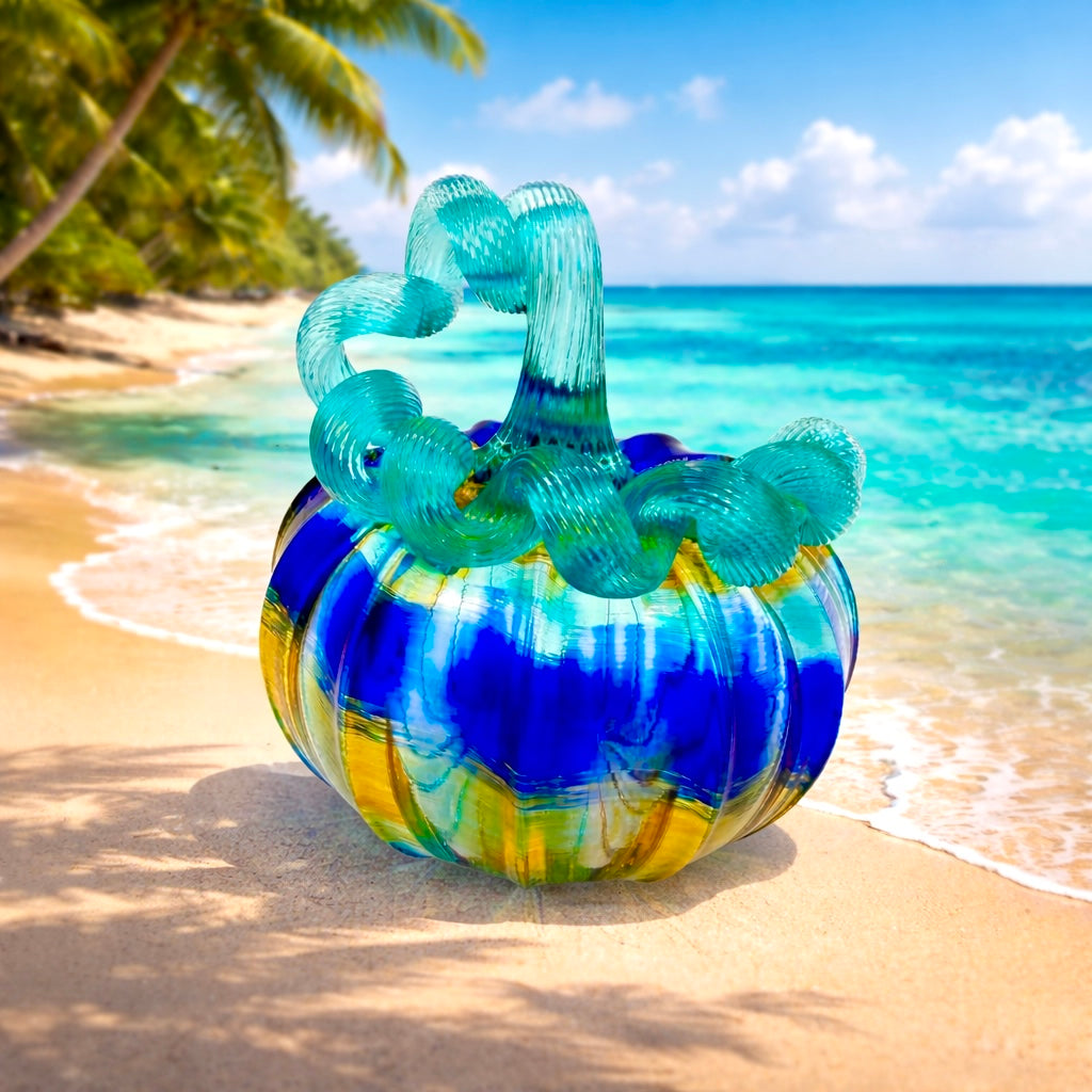 Caribbean Shores Glass Pumpkin – Hand Blown Coastal Decor, Teal Blue Ocean Art, Beach House Centerpiece, Handmade Glass Sculpture