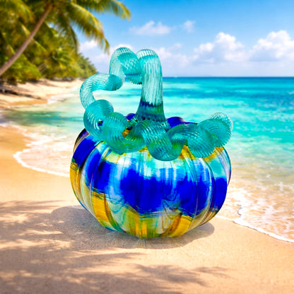 Caribbean Shores Glass Pumpkin – Hand Blown Coastal Decor, Teal Blue Ocean Art, Beach House Centerpiece, Handmade Glass Sculpture